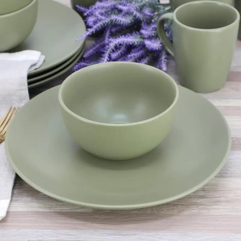 Gibson Home Everyday Plus 12 Piece Round Stoneware Dinnerware Set in Green