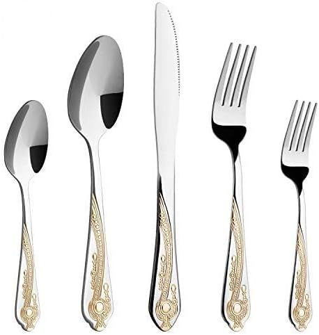 Gold Silverware Set, 20 Piece Stainless Steel Golden Flatware Set for 4, Silver Tableware Set with 24K Gold-Plated Trim, Eating Utensils, Great for Family Gatherings & Daily Use(Prestige)