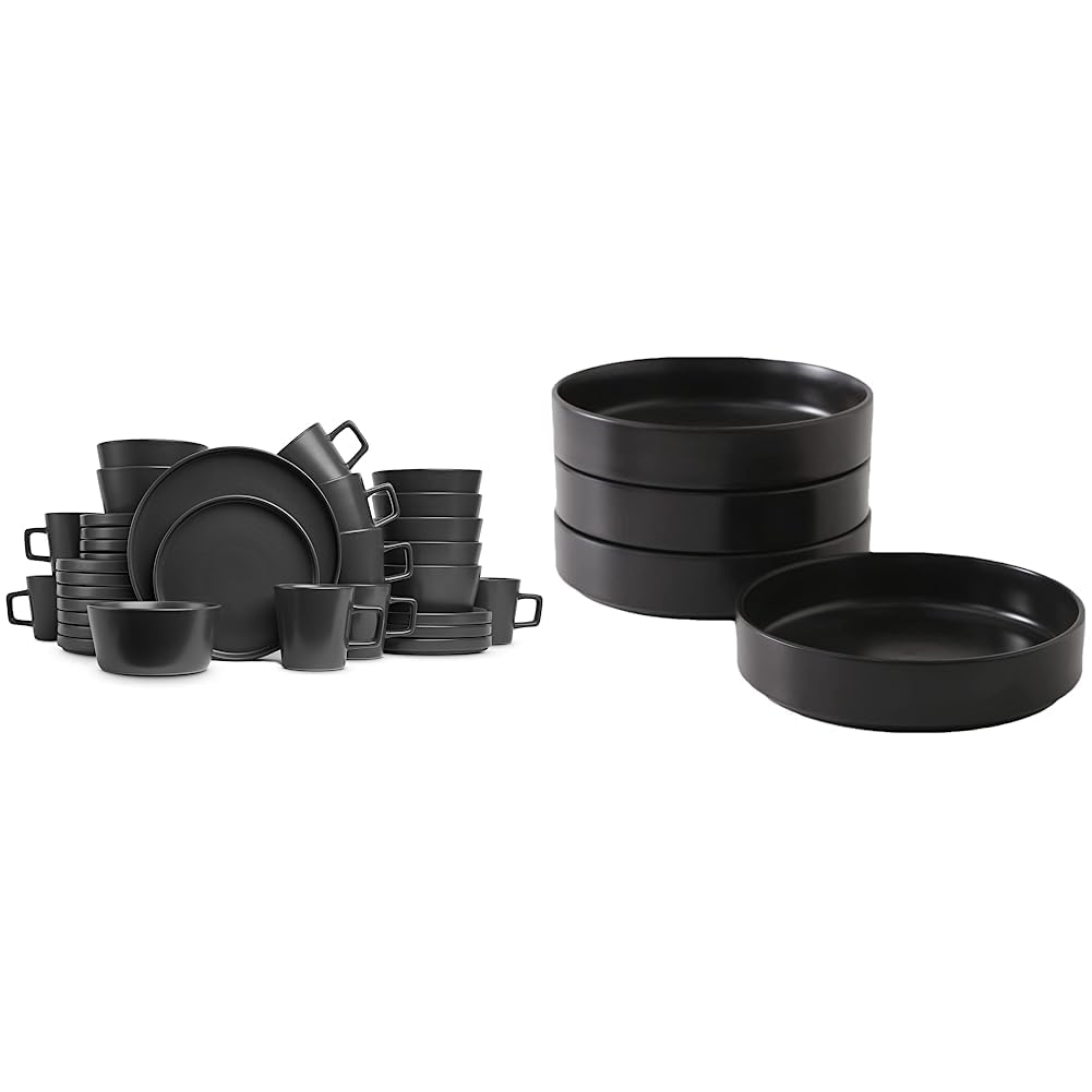 Stone Lain Celina Stoneware 16 Piece Dinnerware Set, Plates and Bowls, Black Matte Dish, Service for 4 – Minimalist Round Style, Microwave & Dishwasher Safe