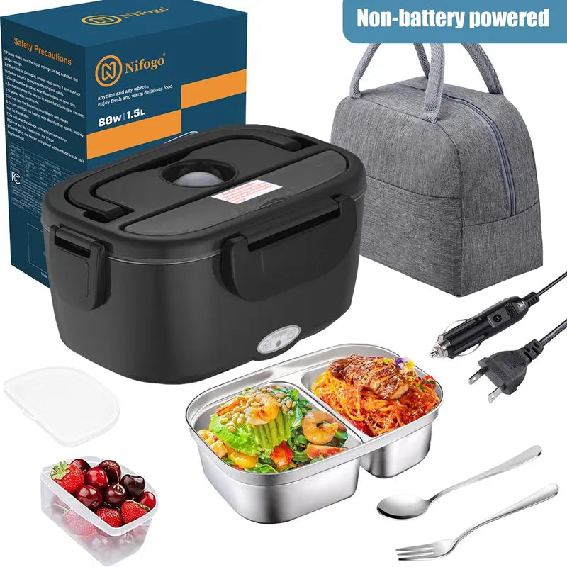 Nifogo 1-Layer Electric Heated Lunch Box - Thermal, 1.5L/1.8L/2.5L Fast Heating, Leak-Proof Insulated, 110V-12V-24V Portable with Tableware Inside & Insulated Lunch Bag for Home, Work