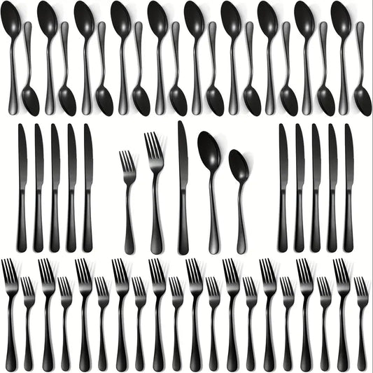 Sebastian CADIA Food-Grade Stainless Steel Cutlery Set (30/48/60-Piece) - Reusable, Dishwasher-Safe, Black Fork/Knife/Spoon - Adult, Everyday, Irregular, Western-Chinese Fit Tableware Kit - Dinnerware Service Set, Home Essentials