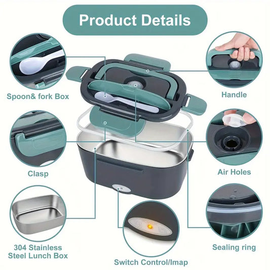 2026 60W Electric Lunch Box, 60.87oz Larger Food Warmer with Self-Heating Function, 12V-24V-110V Portable Heater for Car, Truck, Travel, Leakproof Removable Container with Tableware for Adults