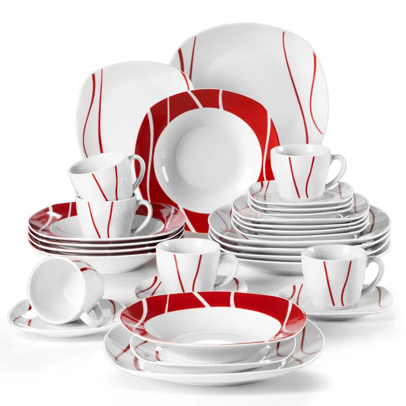 MALACASA Fiesta Dinnerware Sets, 18/24/30 PCS-Porcelain Square Dishes, Modern Dish Set for 6 - Plates and Bowls Sets, Cups and Saucers Set - Series FELISA Winter Holiday summerwins
