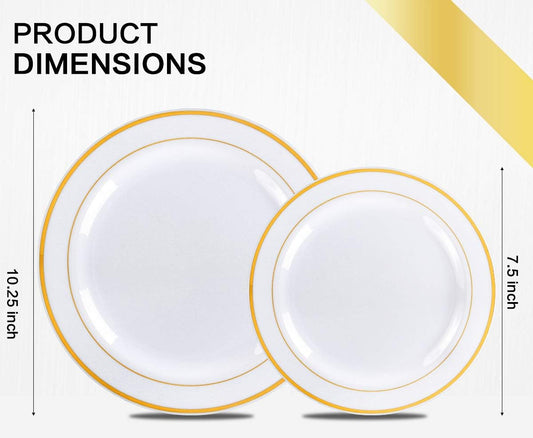 M MCIRCO 175 Piece Gold Dinnerware Set - 50 Plastic Plates, 25 Cups, 25 Pre Rolled Napkins with Plastic Silverware, Disposable Gold Dinnerware Set for 25 Guest