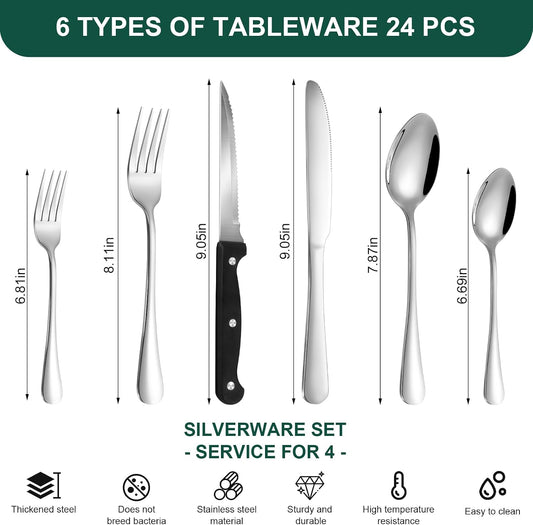 24-Piece Silver Silverware Set with Steak Knives Stainless Steel Flatware Set for 4 Food Grade Tableware Cutlery Set Rust-proof, Mirror Polished, Dishwasher Safe