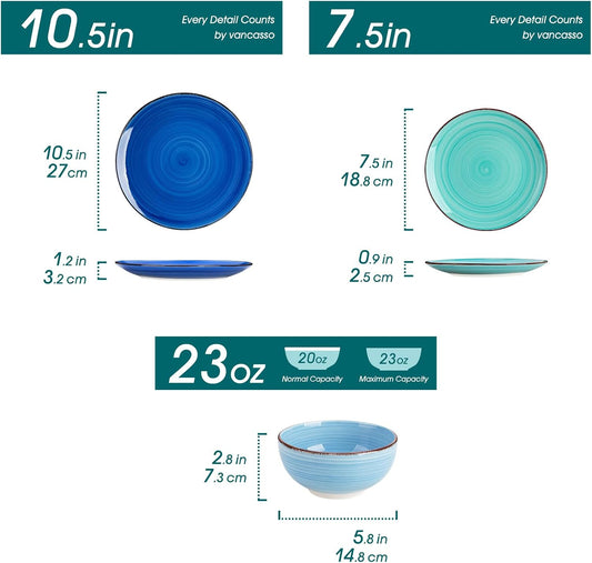 vancasso Bonita Dinnerware Sets 12 Pieces for 4, Ceramic Dishes Set Blue
