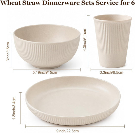 18PCS Wheat Straw Dinnerware Sets Unbreakable Reusable Dinnerware Set for 6, Microwave Dishwasher Safe Dinnerware for Outdoor Camping Dishes