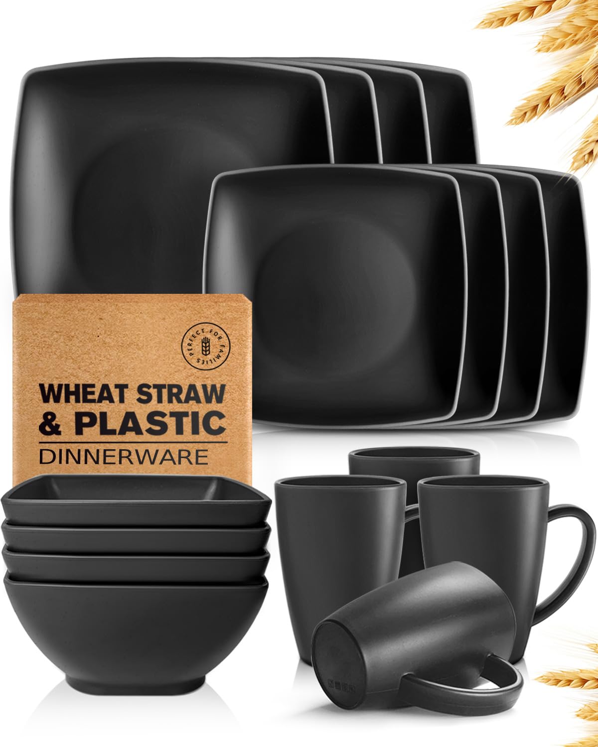 Teivio 44-piece With Flatware Plates and Bowls Sets, Black Dishes Set for 4