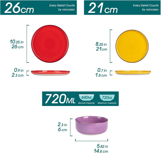 vancasso Bonita Stoneware Dinnerware Sets, 12 Pieces Dishes Set,Polished Round Plates and Bowls Set for 4, Dishwasher and Microwave Safe, Multicolor