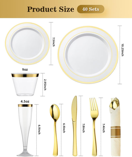 Goodluck 320PCS Gold Plates Sets, Fancy Disposable Dinnerware for 40 Guests