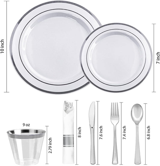 realluck 350 PCS White and Silver Plastic Dinnerware Set for 50 Guests, 100 Disposable Plates for Party, 50 Pre Rolled Napkins with Silver Silverware, 50 Cups