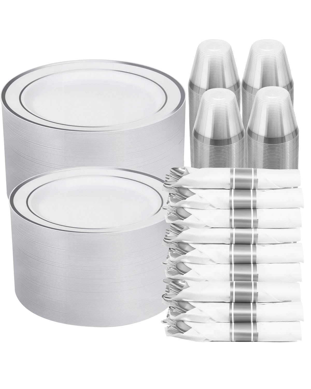 realluck 350 PCS White and Silver Plastic Dinnerware Set for 50 Guests, 100 Disposable Plates for Party, 50 Pre Rolled Napkins with Silver Silverware, 50 Cups