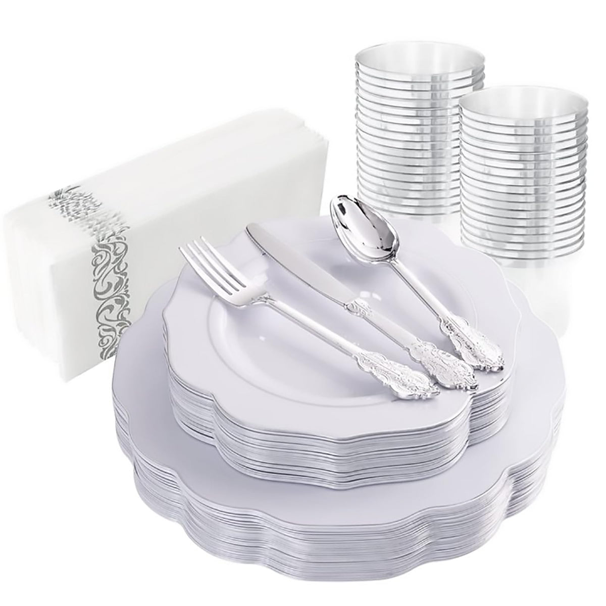 NOCCUR 175PCS Pink Plates with Gold Disposable Silverware - Include 50 Pink Plastic Plates,25 Knives,25 Forks,25 Spoons,25 Cups and 25 Napkins - Ideal for Party/Wedding/Banquet/Baby Shower
