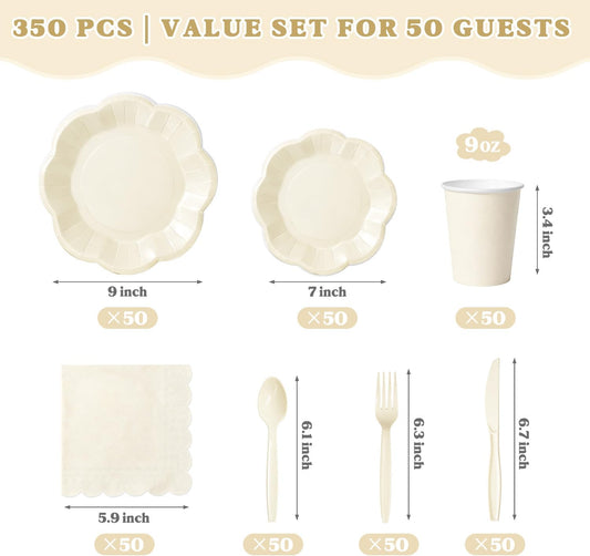 Vyntra Ivory Paper Plates, Cups & Napkins, 350 Pcs Scalloped Party Set