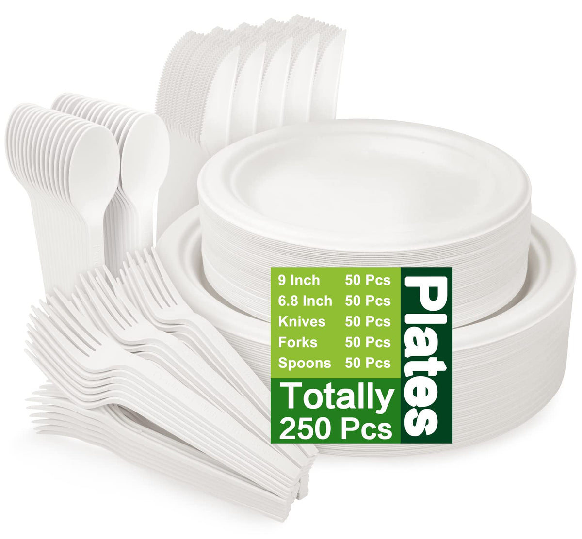Unves 250 Pcs Compostable Paper Plates Set with Extra Long Utensils, Brown