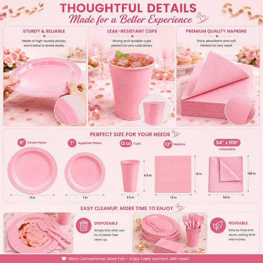 Tinybee 352 Pcs Pink Plastic Plates, Disposable Dinnerware Set for 50