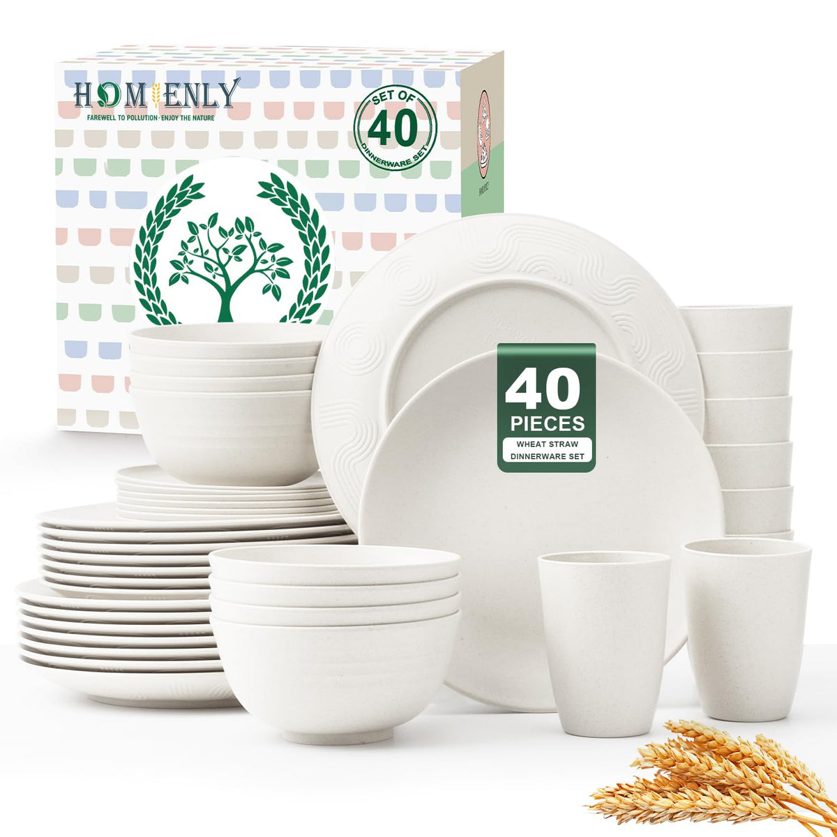 Homienly Kitchen Wheat Straw Dinnerware Set 40 PCS - Dinner Plates, Cereal Bowls, Wheat Straw Cups Set, Microwave and Dishwasher Safe Dishes Set, Unbreakable Dish Set for Party, Outdoor(Grey Stone)