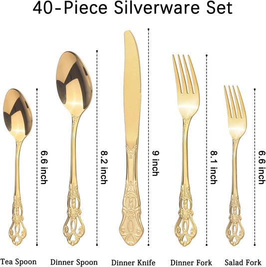 Retro Royal Gold Silverware Set With Gift Box For 8 Cutlery Set Utensils Stainless Steel Flatware 40 Pieces MIKIWAY Kitchen Tableware Set For Gifts Festive, Dishwasher Safe, Mirror Polishing