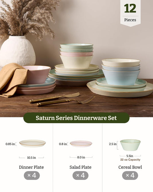 Famiware Saturn Dinnerware Sets, Ceramic Dishes for 4, Rimmed Plates, Bowls