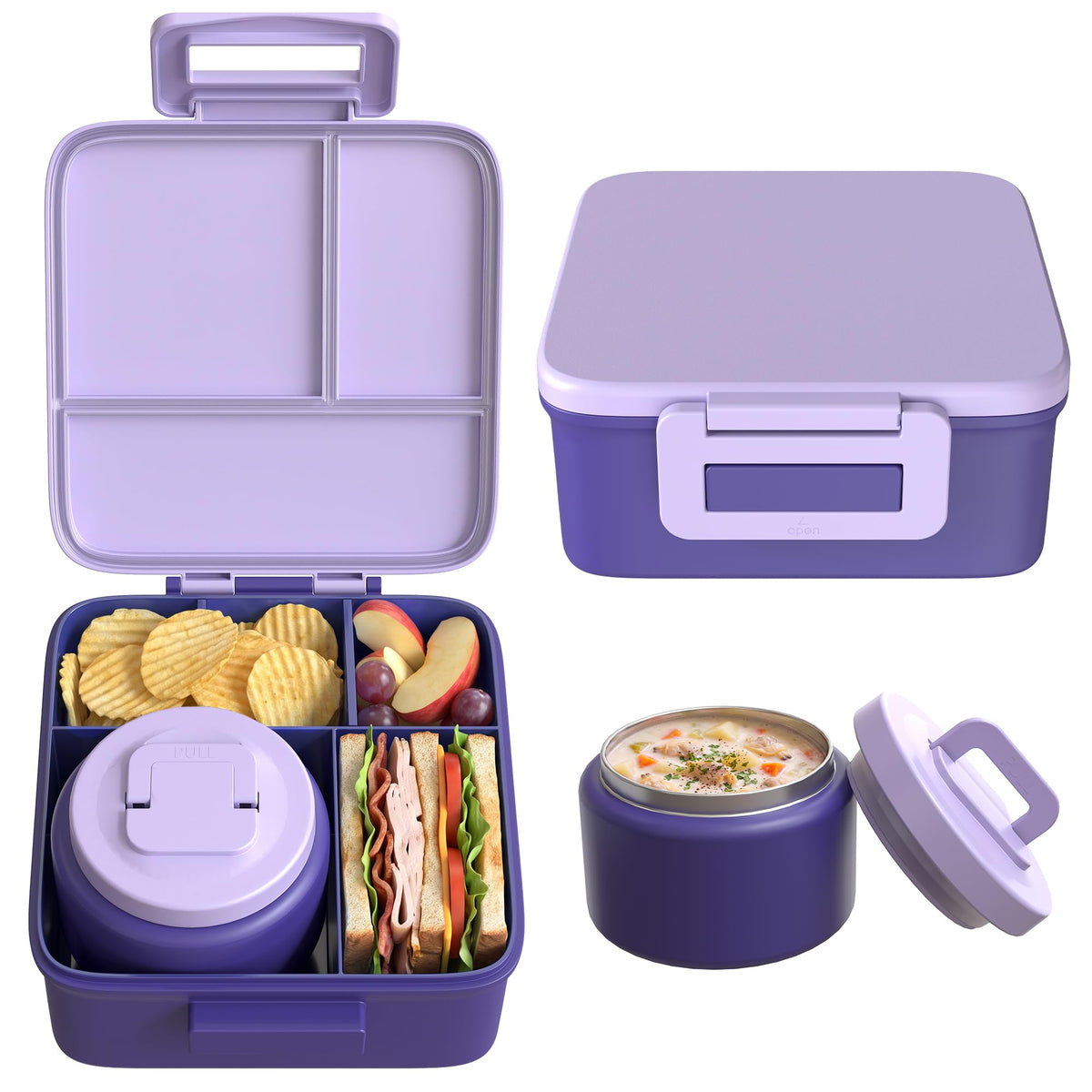 MAISON HUIS Bento Lunch Box with 8oz Soup Thermo and Insulated Lunch Bag, Kids Leakproof Lunch Food Containers with 5 Compartment, Boys Girls Thermo Hot Food Jar for Travel, School, BPA Free (Black)