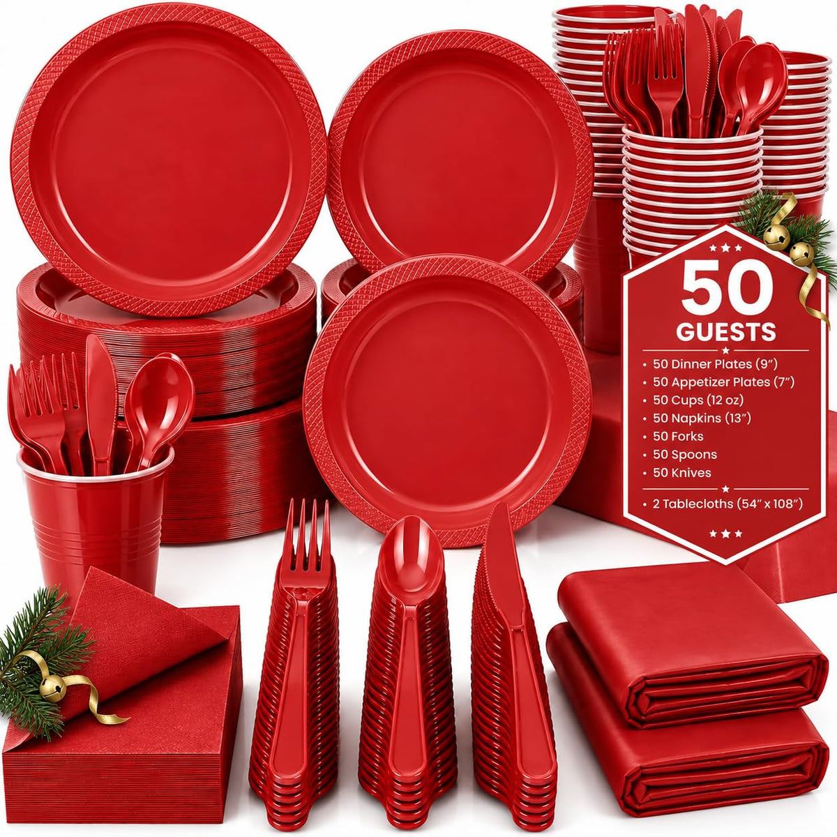 Tinybee 352 Pcs Pink Plastic Plates, Disposable Dinnerware Set for 50