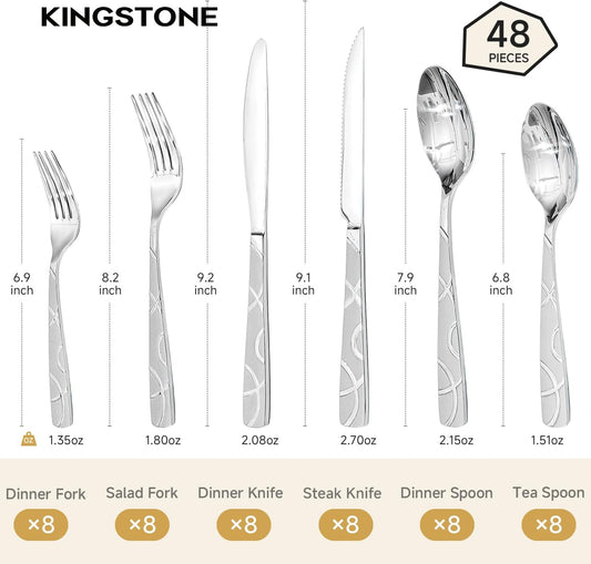 HIKAA 48PCS Stainless Steel Silverware Set with Steak Knives, Modern Flatware Set for Kitchen, Mirror Polished Cutlery Set with Forks, Spoons and Knives,Dishwasher Safe