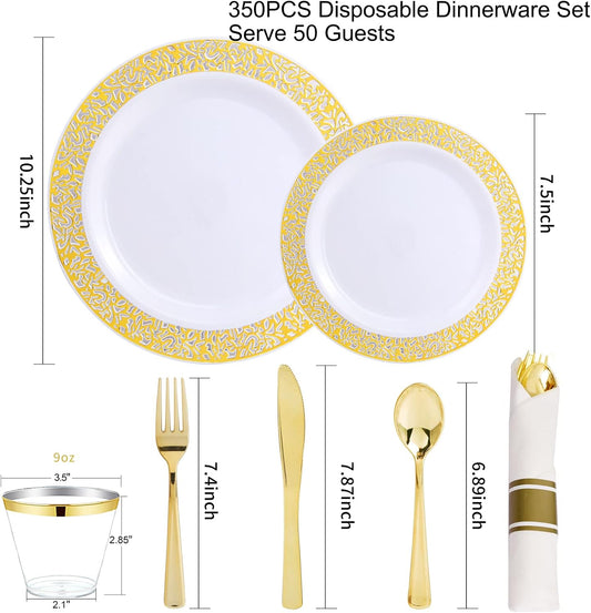 WELLIFE 50 Guests Dinnerware Sets, Gold Plastic Plates,Platos Para Fiestas Elegantes Desechables Include:50 Dinner Plates, 50 Dessert Plate, 150 Pcs Gold Plastic Silverware, 50 Cups for Party