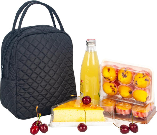 Machine Washable Women Quilted Fabric Insulated Reusable Cooler Lunch Bag Tote Adult Thermal Lunch Box Storage Bag for Work (Black)