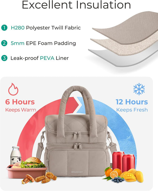 BAGSMART Lunch Bag Women, Double Deck Insulated Lunch Box, Camel