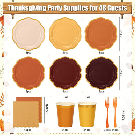 Orange Plates and Napkins Party Supplies for 48 Guests, Disposable 9’’ Gradient Scalloped Orange Fall Paper Plates Tableware Set for Fall Birthday, Harvest Party, Thanksgiving Decorations
