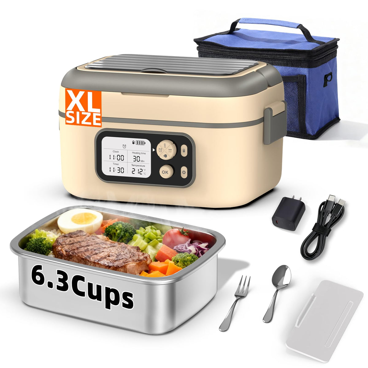 XL 6.3-Cups Cordless Electric Heated Lunch Box for Adults, 20000mAh Rechargeable Battery Powered Smart Self Heating Lunchbox for Men Women, 100W Food Warmer for Trucks Driver Travel Office Worker