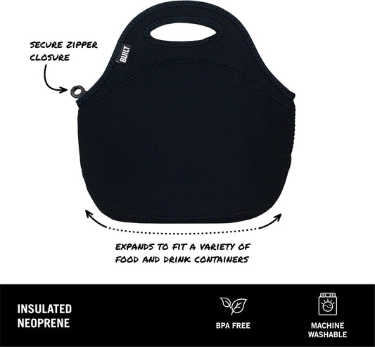 Built Gourmet Getaway Lunch Bag - Insulated Neoprene Lunch Box for Women and Men, Collapsible and Machine Washable, Black