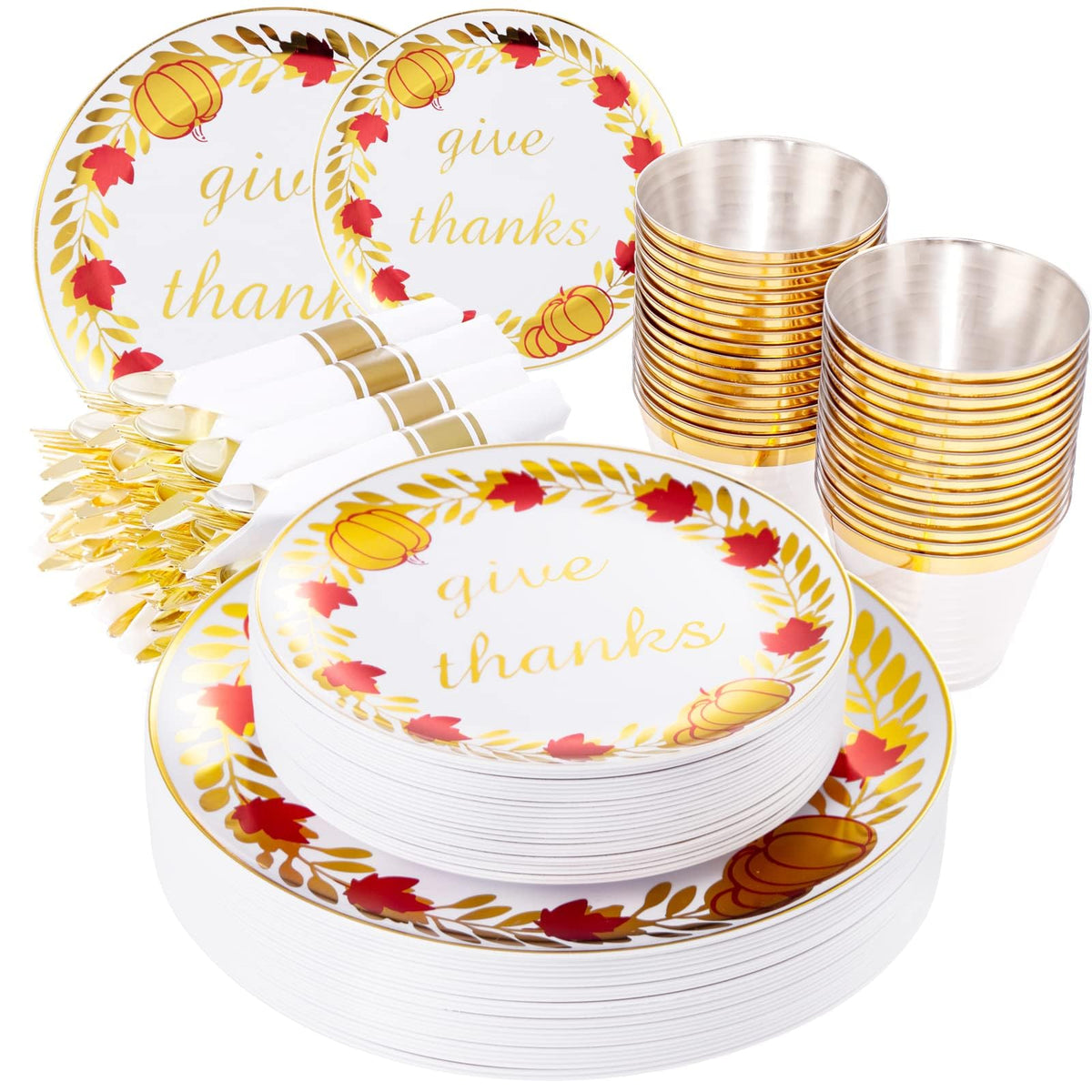 Rubtlamp 175 Pcs Plastic Dinnerware Set (25 Guests), Blue Disposable Plates With Gold Rim, Hammered Party Plates Set Include Dinner Platos, Dessert Platos, Cups, Cutlery And Napkins for Party