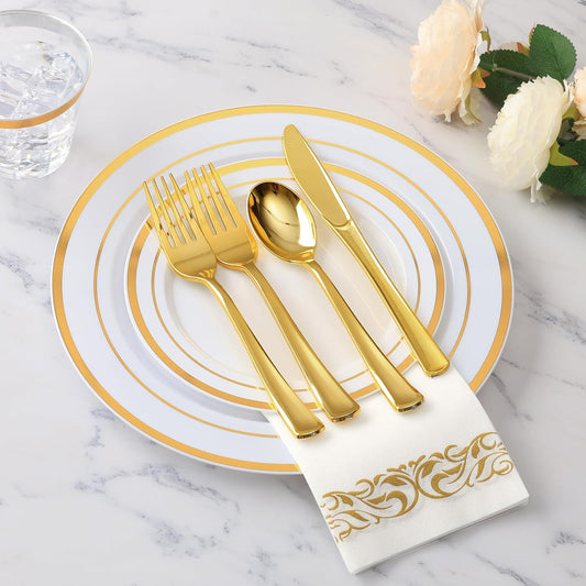 Goodluck 700 Piece Gold Dinnerware Set for 100 Guests, Disposable Plate Set