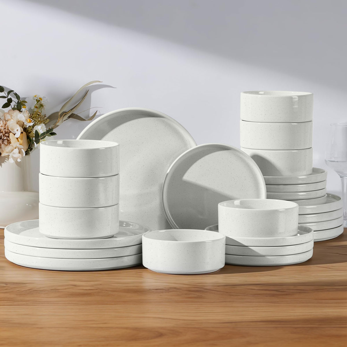 E-far Stoneware Dinnerware Sets, 12-Piece Black Plates and Bowls Set for 4