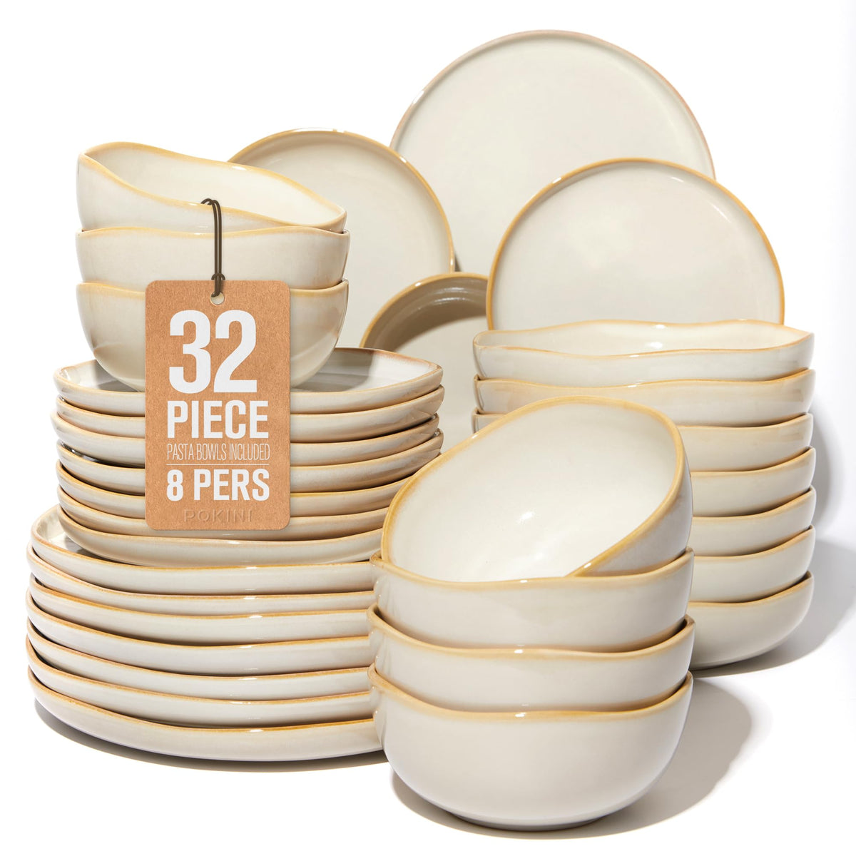 Pokini Stoneware Dinnerware Sets for 4, 12Pcs Ceramic Plates and Bowls Sets