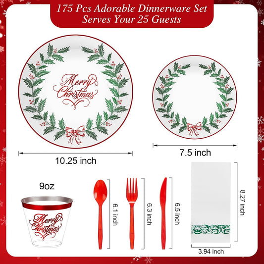 Layhit 175 Pcs Christmas Plastic Plates Dinnerware Set, Green Red