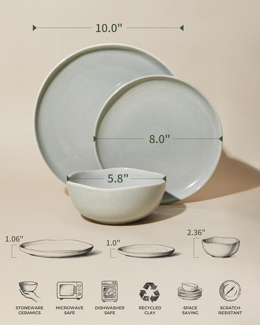 Pokini Stoneware Dinnerware Sets for 4, 12Pcs Ceramic Plates and Bowls Sets