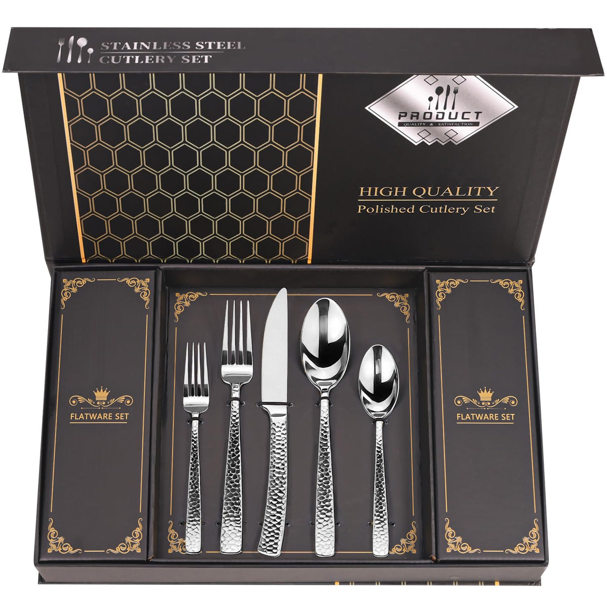 Retro Royal Gold Silverware Set With Gift Box For 8 Cutlery Set Utensils Stainless Steel Flatware 40 Pieces MIKIWAY Kitchen Tableware Set For Gifts Festive, Dishwasher Safe, Mirror Polishing