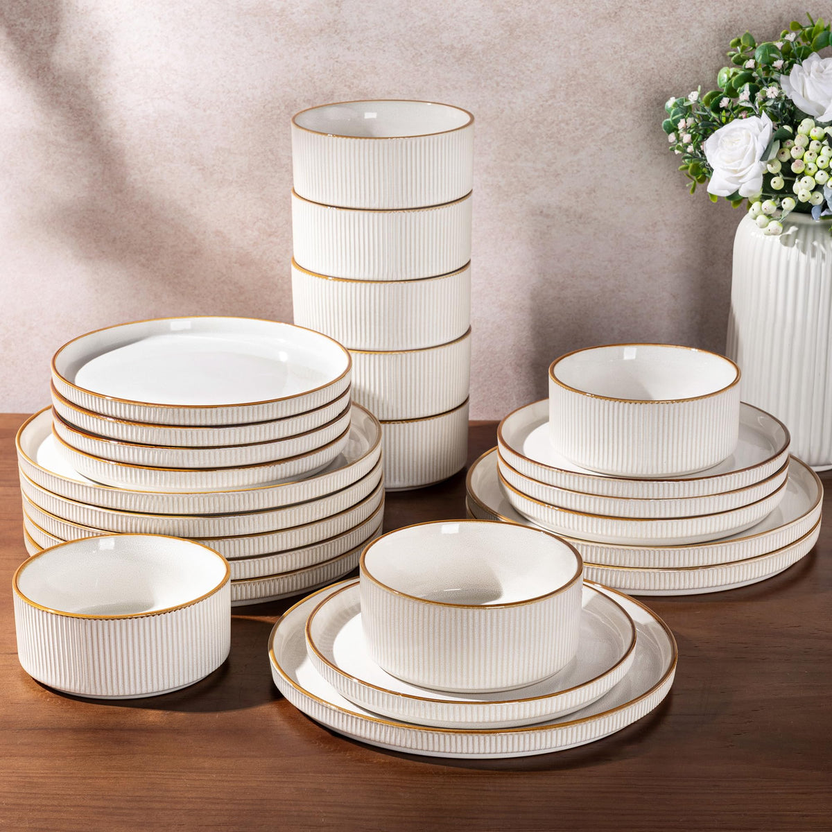 GBHOME Stoneware Dinnerware Sets for 4,12-Piece Plates and Bowls Set
