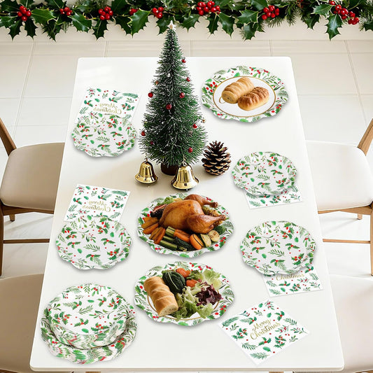 150 Pcs Merry Christmas Plates and Napkins - Disposable Christmas Paper Plates and Napkins, Holly Leaves Red Berries Tableware Sets for Winter Xmas Party Table Decorations Supplies Favors, Serve 50