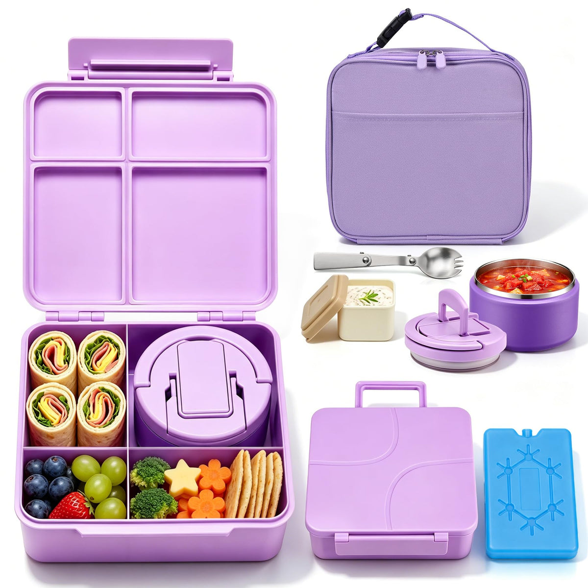 Bento Lunch Box with 8oz Soup Thermo,Kids Leakproof 4 Compartment Lunch Food Containers with Sauce Cup and Ice Pack,Kids Thermo Insulated Hot Food Jar and Lunch Bag for School,Trvael-Black