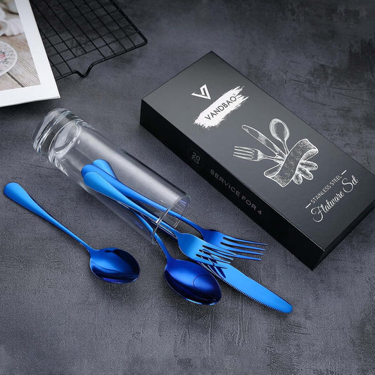 Blue Silverware Set Flatware Cutlery - 20 Pieces Stainless Steel Tableware Set Service for 4,Include Fork Knife Spoon,Mirror Polished,Dishwasher Safe