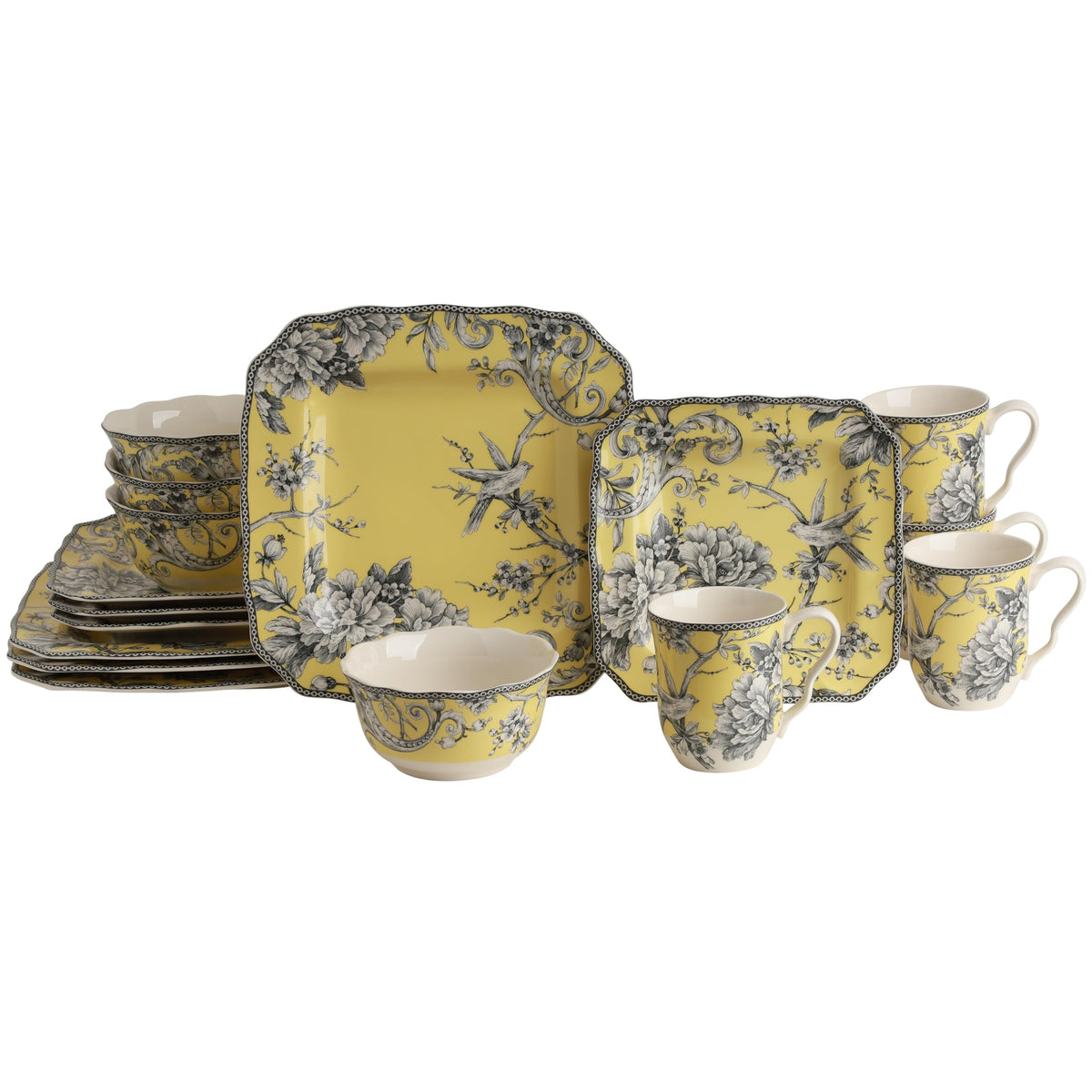 222 Fifth Adelaide Grey 16-Piece Floral Porcelain Dinnerware Set | Microwave and Dishwasher Safe Dining Set for 4 | Stackable and Chip-Resistant Plates Bowls and Cups | Gift for Housewarming & Wedding