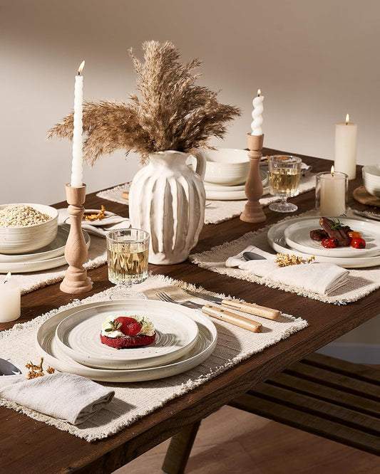 Stoneware Dinnerware Sets for 4, Reactive Glaze Plates & Bowls, Shell Beige