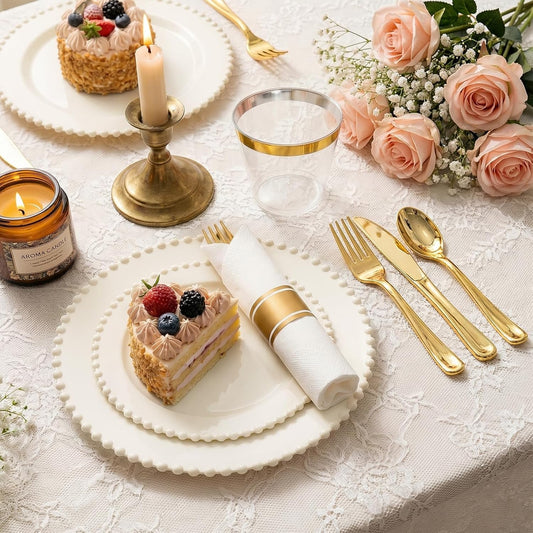 175pcs Plastic Dinnerware Set Ivory 25 Guests for Wedding