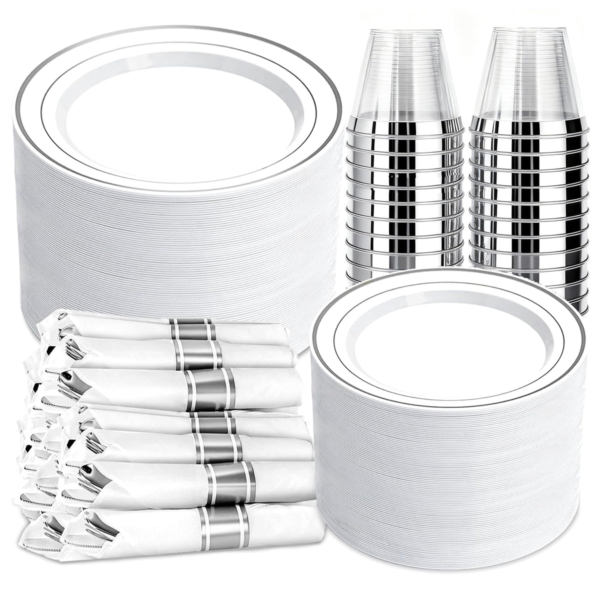 350 PCS White and Gold Plastic Dinnerware Set for 50 Guests
