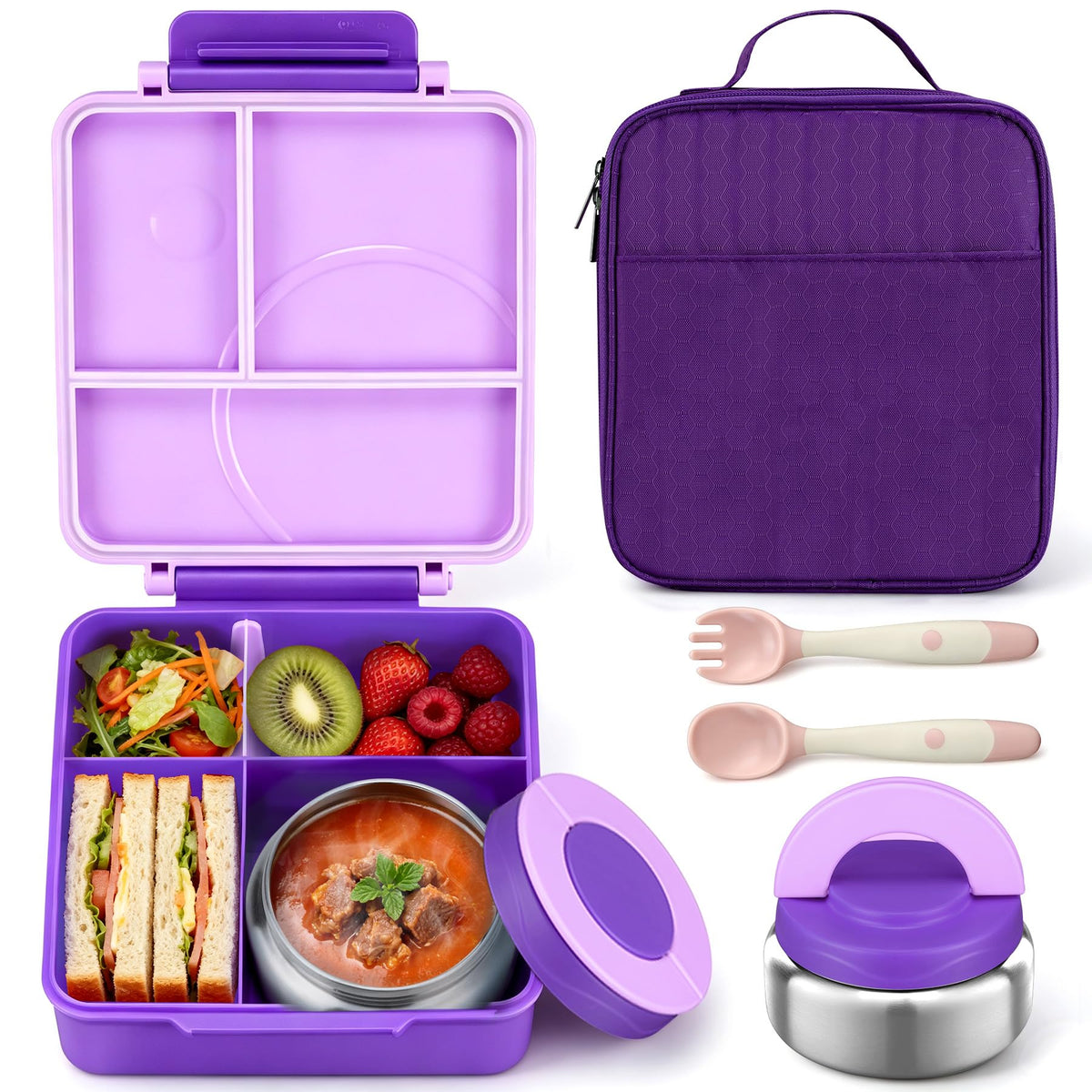 Itslife Bento Lunch Box for Kids with 8oz Soup Thermo&Lunch Bag, Leak-Proof Lunch Food Containers with 4 Compartment, Hot Food Insulated Food Jar for Kids School (Black)