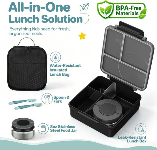 Bento Lunch Box Set for Kids with 8oz Soup Thermo, Leak-Proof Lunch Containers with 4 Compartment, Kids Thermo Hot Food Jar and Insulated Lunch Bag for Kid to School-Black