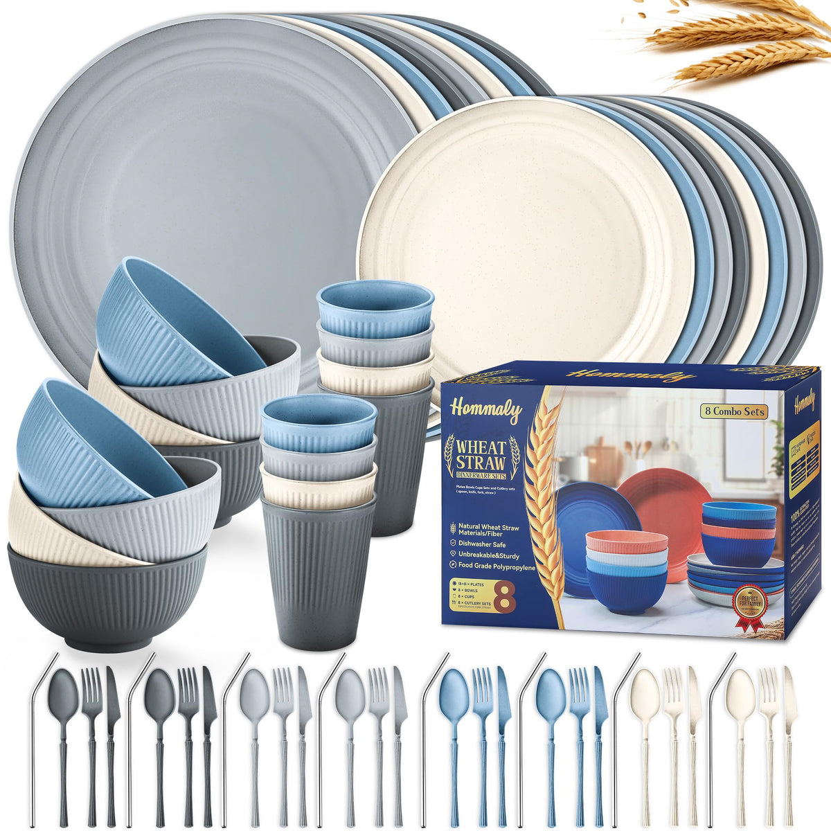 Wheat Straw Dinnerware Sets,64-Piece Black Plates and Bowls Sets for 8-Unbreakable,Reusable Plastic Dish Set-Dinner Plate/Dessert Plate/Cereal Bowl/Cup/Utensils-Microwavable Dishwasher Safe 64P-BLACK